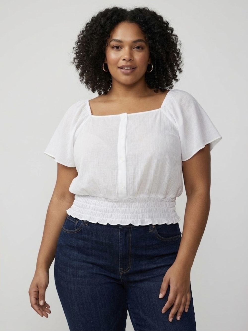 Square-Neck Smocked Hem White Blouse - Women Tops